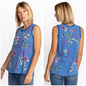 Johnny Was Jessi Knit Tank Top Size Small Blue Stripes Floral Embroidered Boho